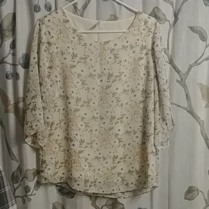 Women's Floral Blouse - Light Yellow with Sage Leaf Print And White Flowers